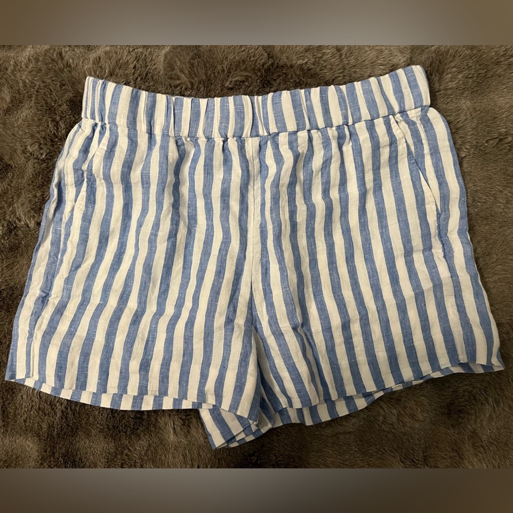 NWT J. Crew Tropez Short In Blue Striped Linen | Size Large - Picture 2 of 5